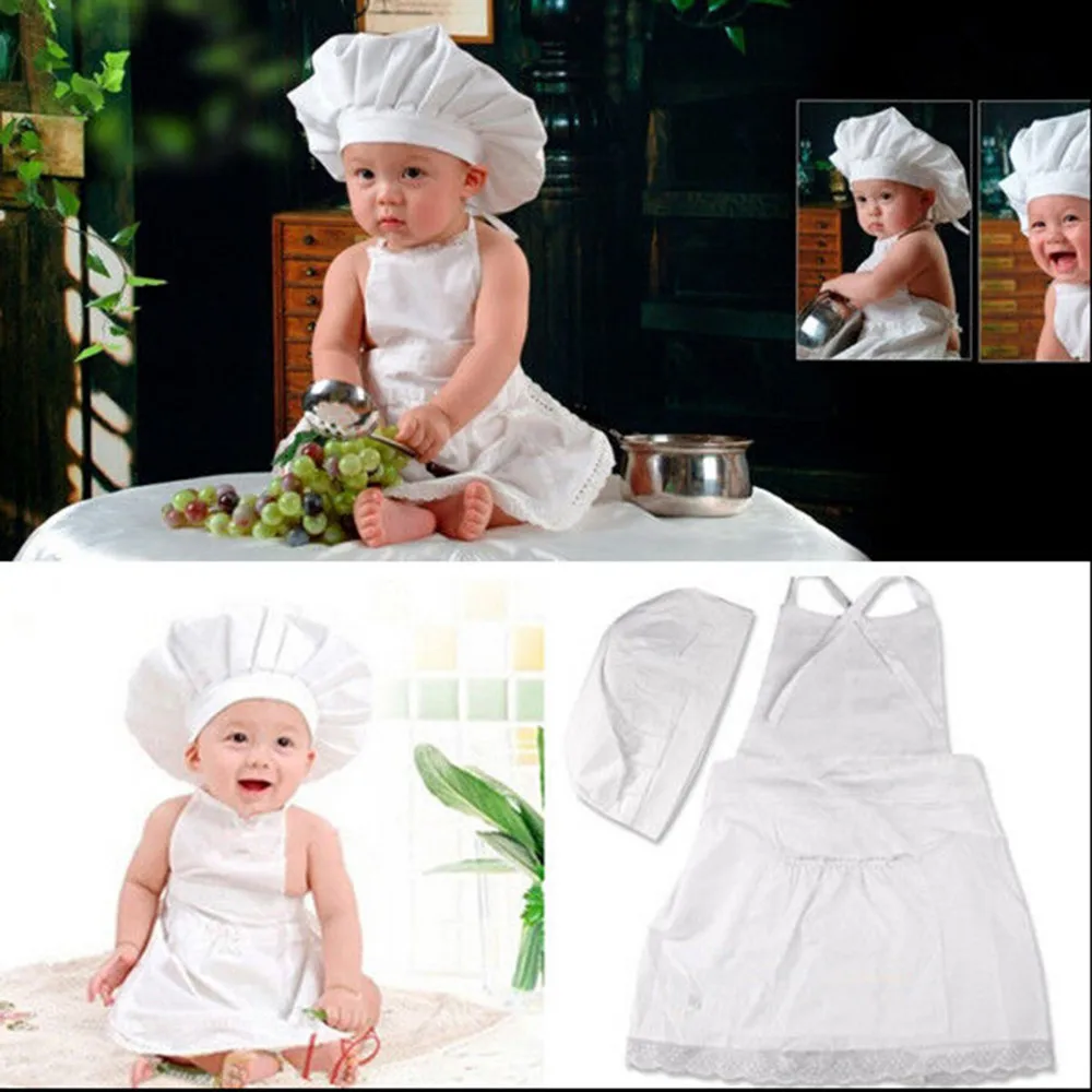 2 Pcs Set Cute Baby Chef Apron and Hat Infant Kids White Cook Costume Photography Prop Newborn Hat Apron