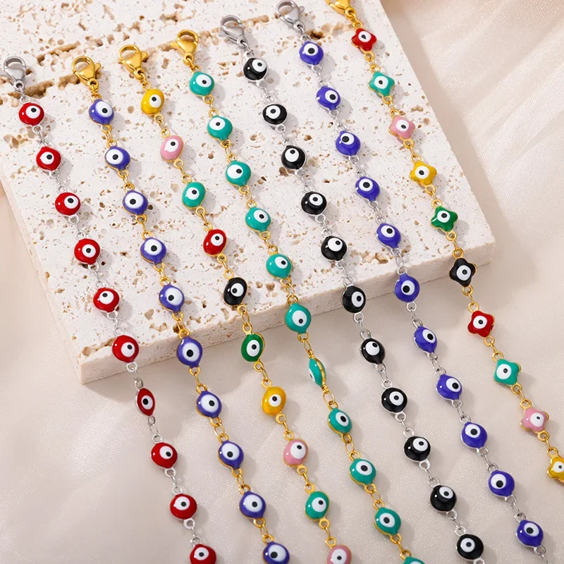 Stainless Steel Evil Eye Bracelets For Women Men Enamel Round Chain Blue Evil Eye Hand Bracelet Summer Beach Jewelry Gift 2024
