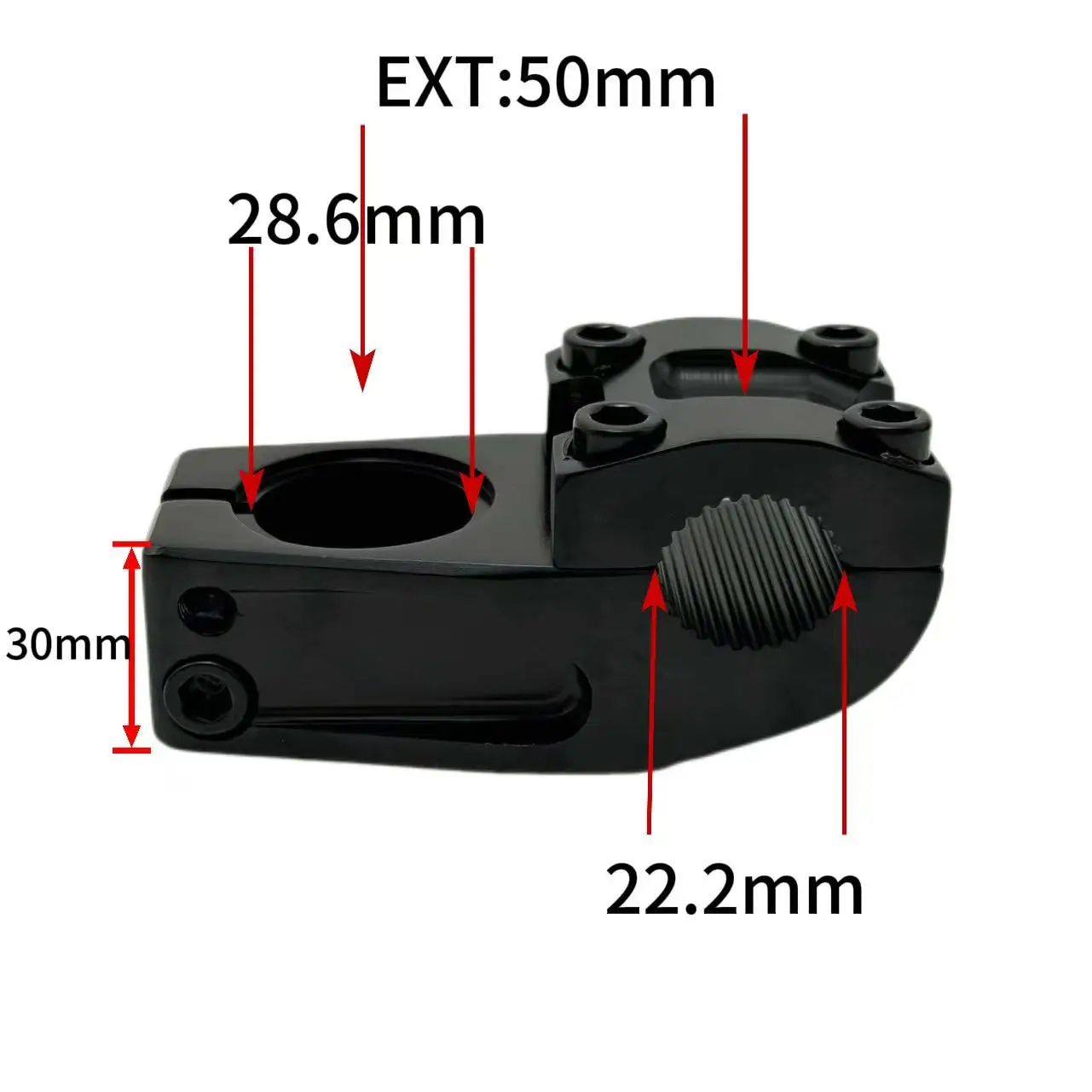 BMX-Lenkervorbau aus 6061 Aluminiumlegierung, 50 mm Reichweite, 22,2 mm Lenkerklemmbereich, 28,6 mm Gabelrohr, 30 mm Einstecktiefe, Fahrrad-BMX-Vorderlenker. – Detail 2