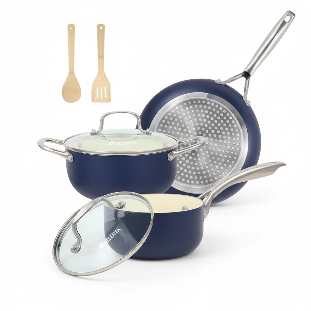 

Набор керамической посуды с антипригарным покрытием из 7 предметов, индукционная совместимость, безопасные для духовки синие кастрюли и сковороды