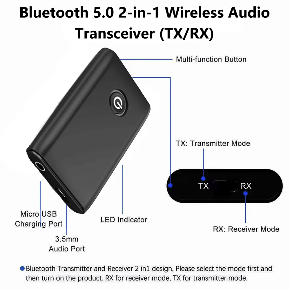

Bluetooth 5.0 TX RX 2-in-1 Adapter Stereo HiFi Wireless Audio Transmitter Receiver For Headset Speaker Home Sound System
