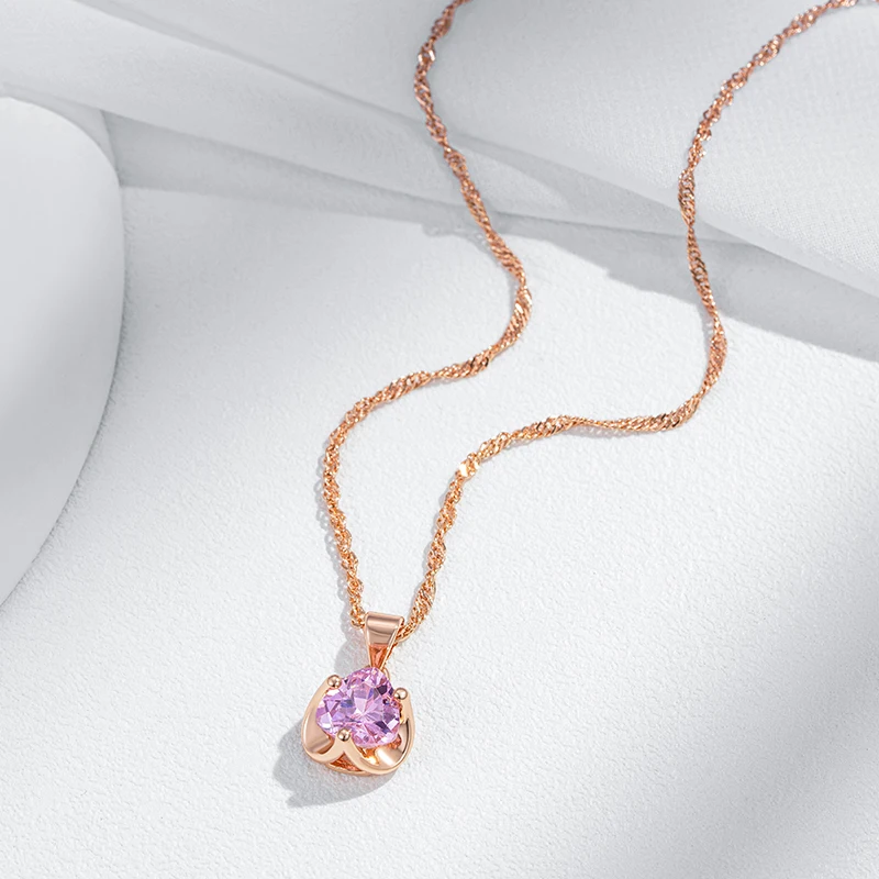 Kinel Hot Romantic Pink Natural Zircon Necklace For Women 585 Rose Gold Luxury Couple Gift Simple Pendant Daily Fine Jewelry