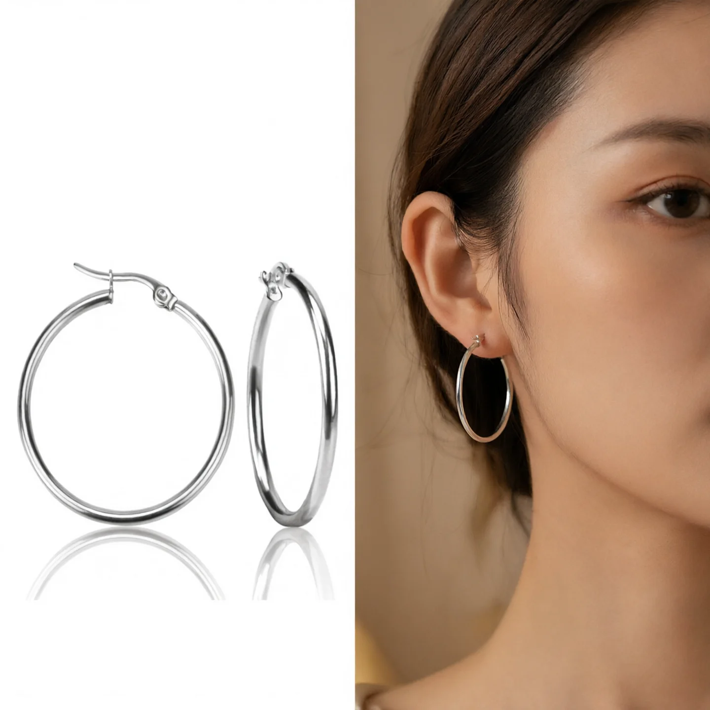 1Pair 10-70mm Round Hoop Earrings Stainless Steel Bold Plain Hoop Ear Buckles Unisex Versatile for Daily Wear