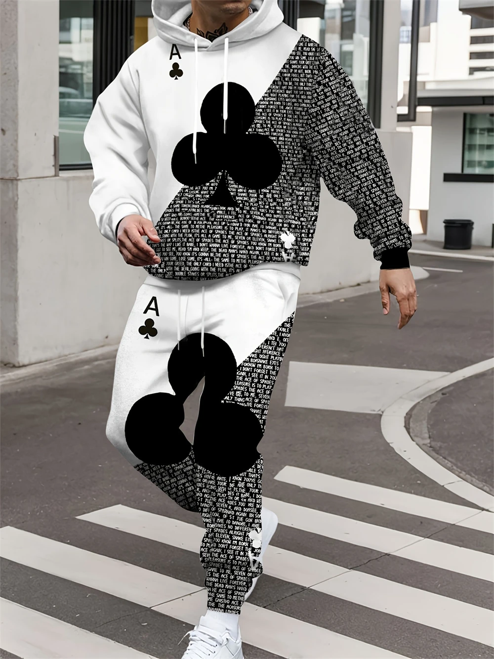 

2pcs Men's Poker Card Color Blocking Print Long Sleeve Hoodie + Sweatpants Set, Casual Trendy Co-ord Set For Autumn And Winter