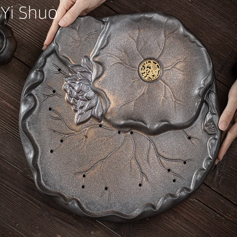 Blooming Tea Tray Japanese Gilding Iron Glaze Ceramic Water Storage and Drainage Dual-Purpose Bamboo Tea Tray Saucer Tea Table