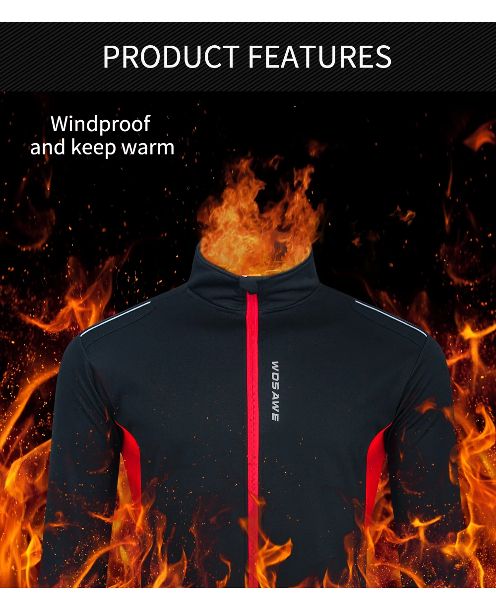 WOSAWE Winter Cycling Jacket Thermal Fleece Clothing Coat Water repellent Windproof Reflective Cycling Jersey Men Sportswear