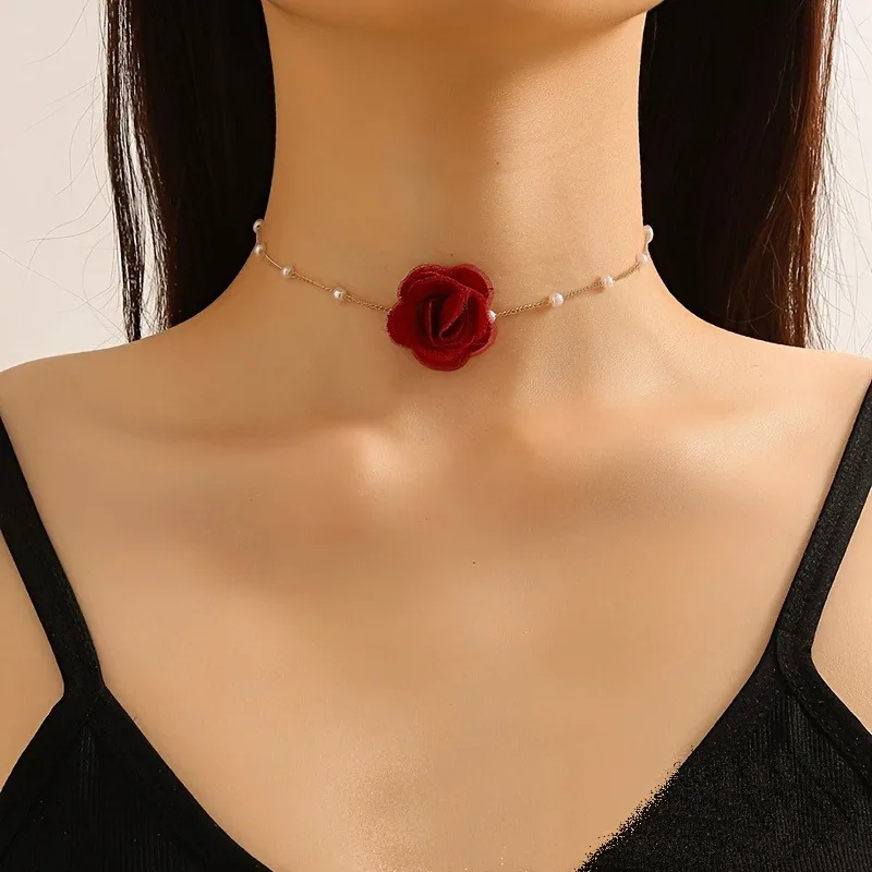 French Elegant Red Flower Imitation Pearl Necklace Women's Choker Stylish Exquisite Wedding Party Reception Jewelry Accessories