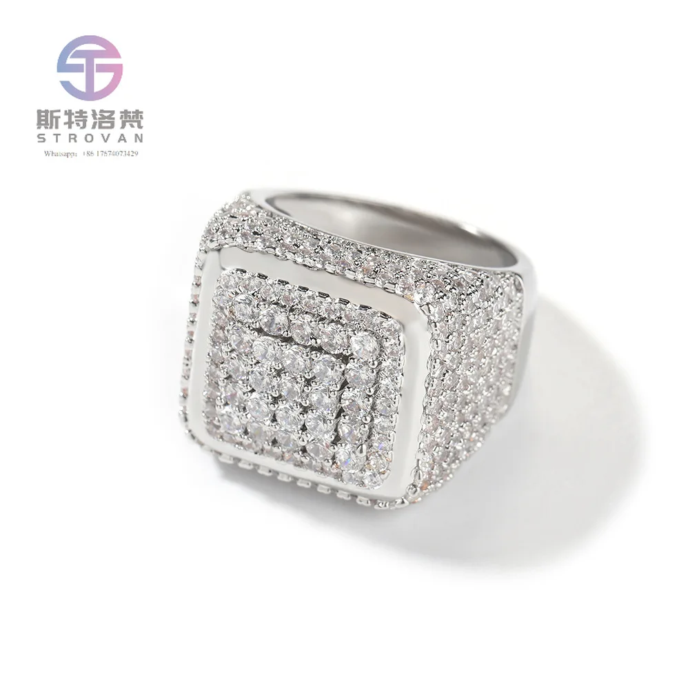 

Trend Luxury Retro Brass Micro Insert CZ Zircon 18K Big Square Wedding Signet Ring Hip Hop Bling Bling Empire Mens Iced CZ for