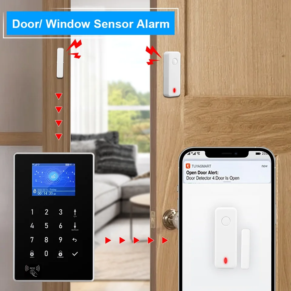 Wsdcam Tuya WiFi GSM Home Security Alarm System Wireless Burglar Alarm Kit With Motion Sensor Work With Alexa & Google