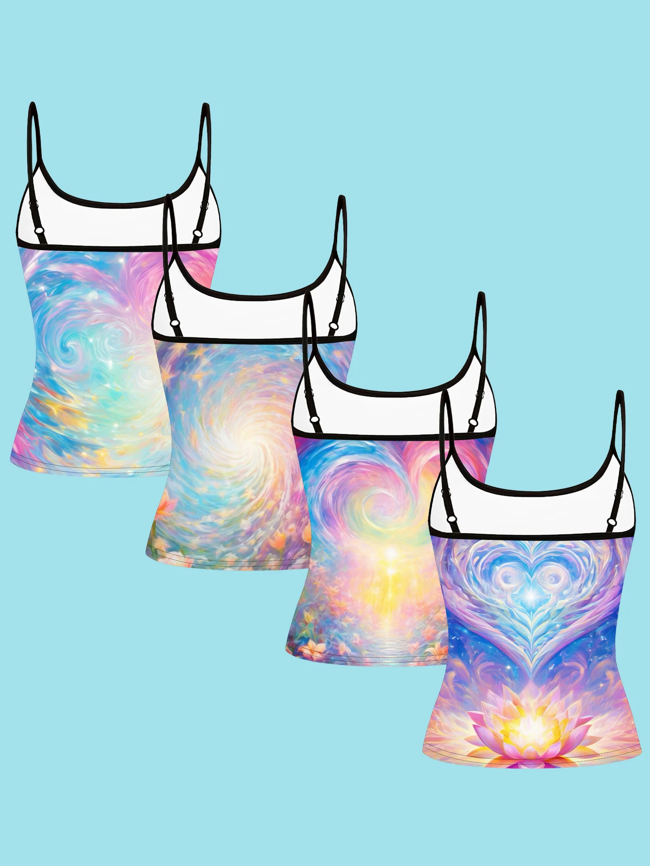 4-Piece Set of Women's Healing Pastel Nebula Print Camisoles, Dreamy Spiral Lotus Heart Light Effect Slim-Fit Spaghetti Strap Inner Tops