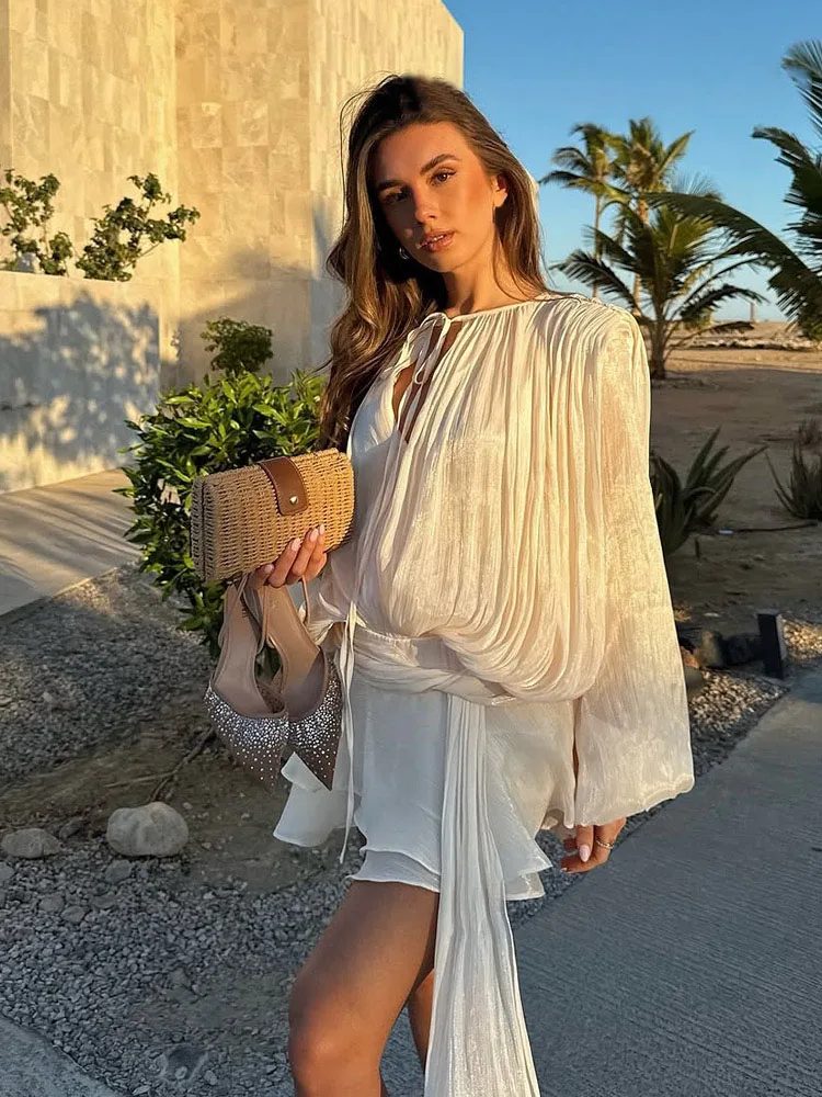 

HH Женская мода, комплект из 2 предметов, однотонное плиссированное украшение, мини-платье с пышными рукавами и круглым вырезом + шикарные шорты на молнии сзади, костюм, 4 цвета