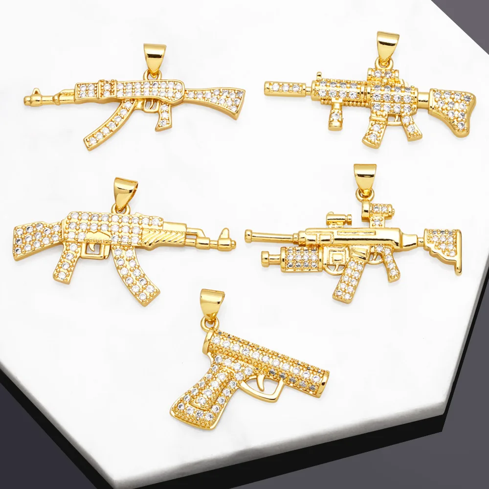OCESRIO Assault Rifle Shape Pendant for Necklace Copper Gold Plated Exquisite Gun Jewelry Making Component Wholesale pdtb109