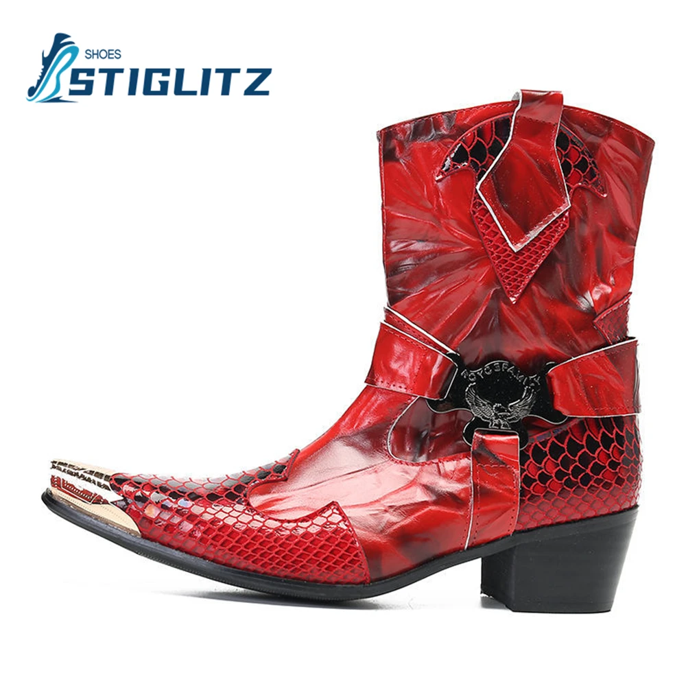 

Panel Python-Effect Leather Ankle Boots Red Party Show Boots Mens Luxury Chelseas Men's Genuine Leather Casual Shoes 2023 New