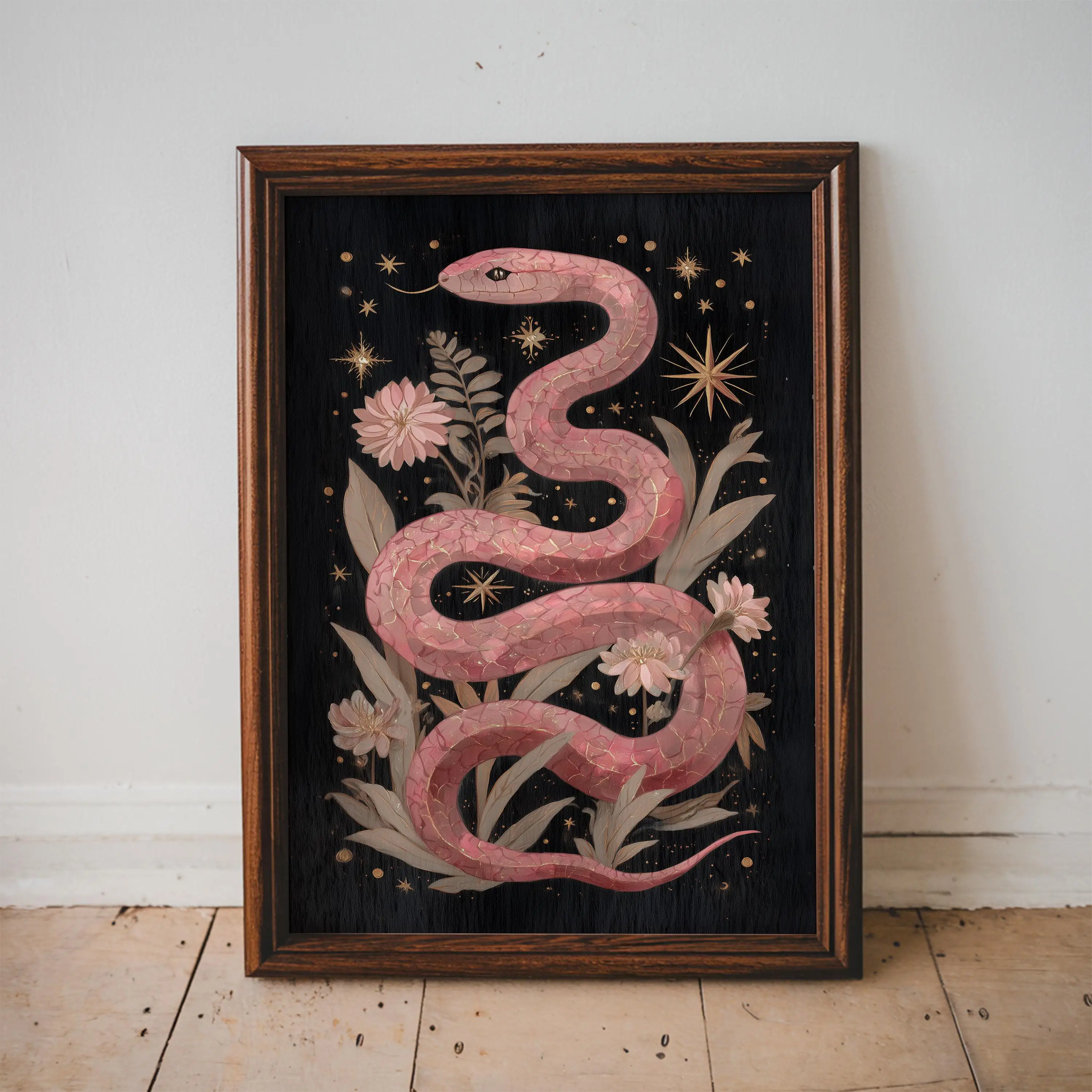 Pink Snake Poster Starburst Floral Canvas Print Celestial Animal Gothic Wall Art Painting Witchy Aesthetic Room Decor No Frame
