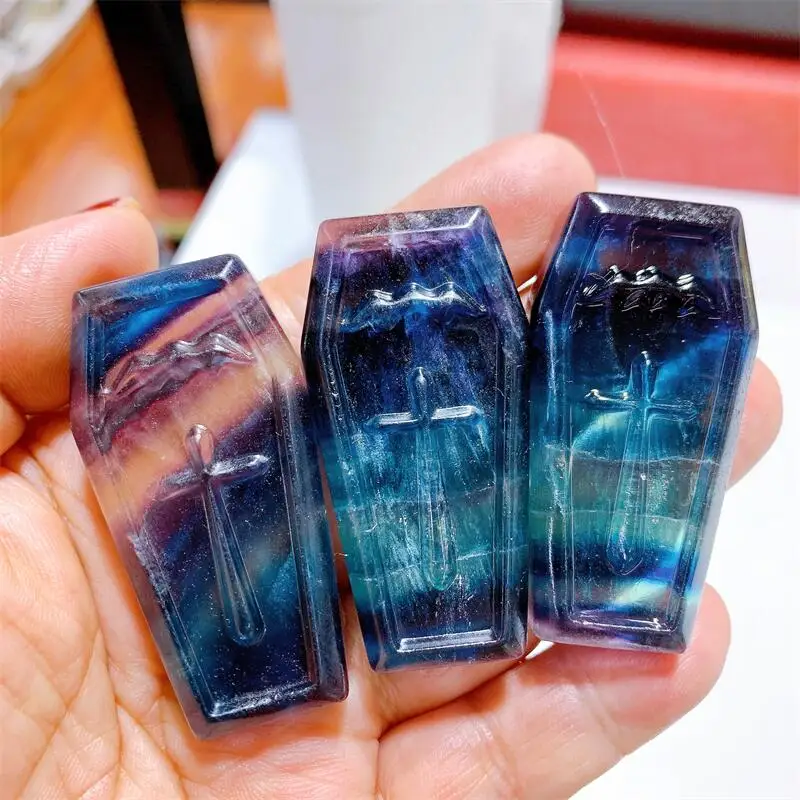 

5.2CM Natural Rainbow Fluorite Coffin Hand-Carved High Quality Flashing Crystals Beautiful Gemstone For Halloween Gifts 1pcs