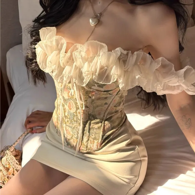 Womens Floral Print Ruffle Corset Top Off Shoulder Vintage Style Bustier