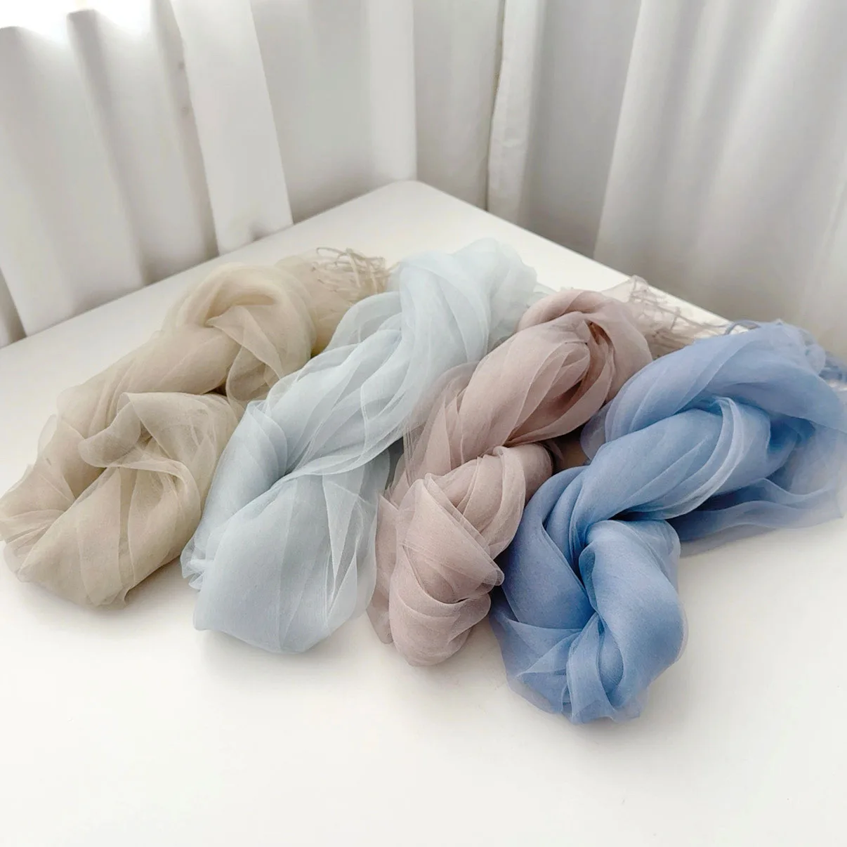 Solid Color Flowy Fluffy Faux Silk Scarf Spring Summer Breathable Thin Neck Wrap Women Photo Prop Head Scarf Accessory