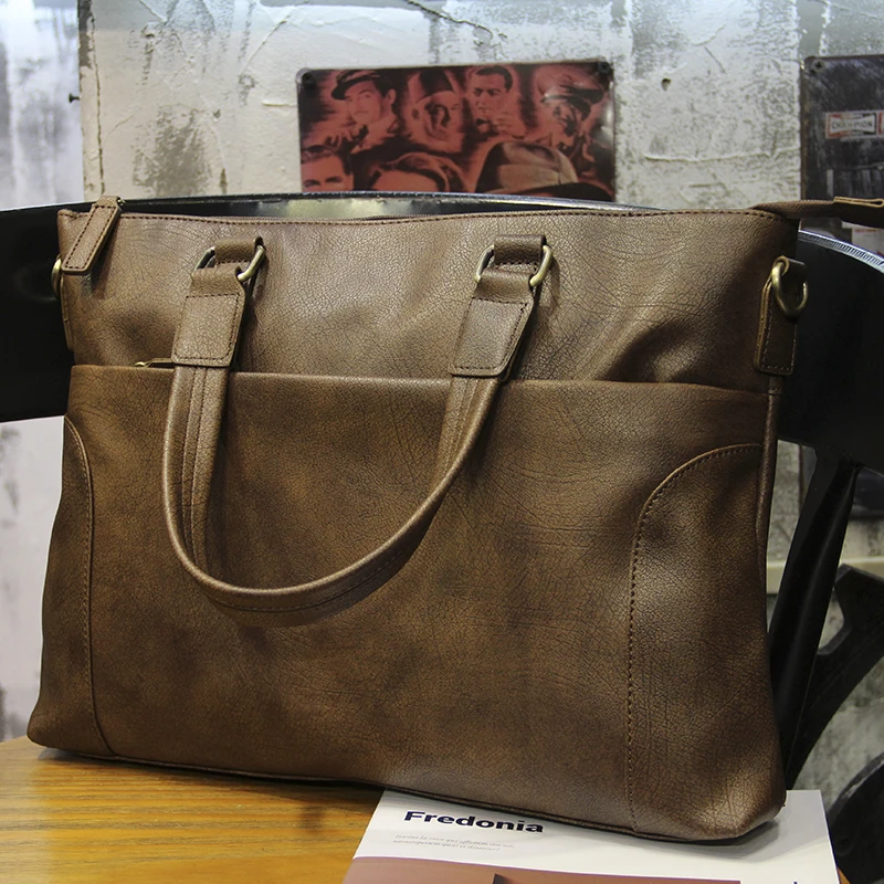 Tas Kerja Kasual Vintage Pria: Tas Selempang Horizontal, Tas Dokumen Laptop dengan Tali Bahu