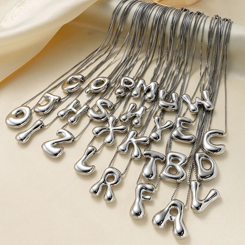 Stainless Steel Chubby Initial Alphabet Balloon Bubble Letter Box Chain Necklace Glossy PVD Waterproof Chic Jewelry Choker Gift