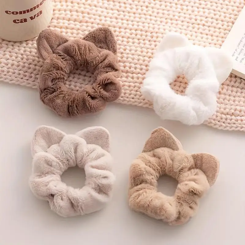 Juego de 4 Coleteros de Orejas de Gato de Peluche, Lindos y Esponjosos, para Cola de Caballo, Elásticos en Espiral, Accesorio