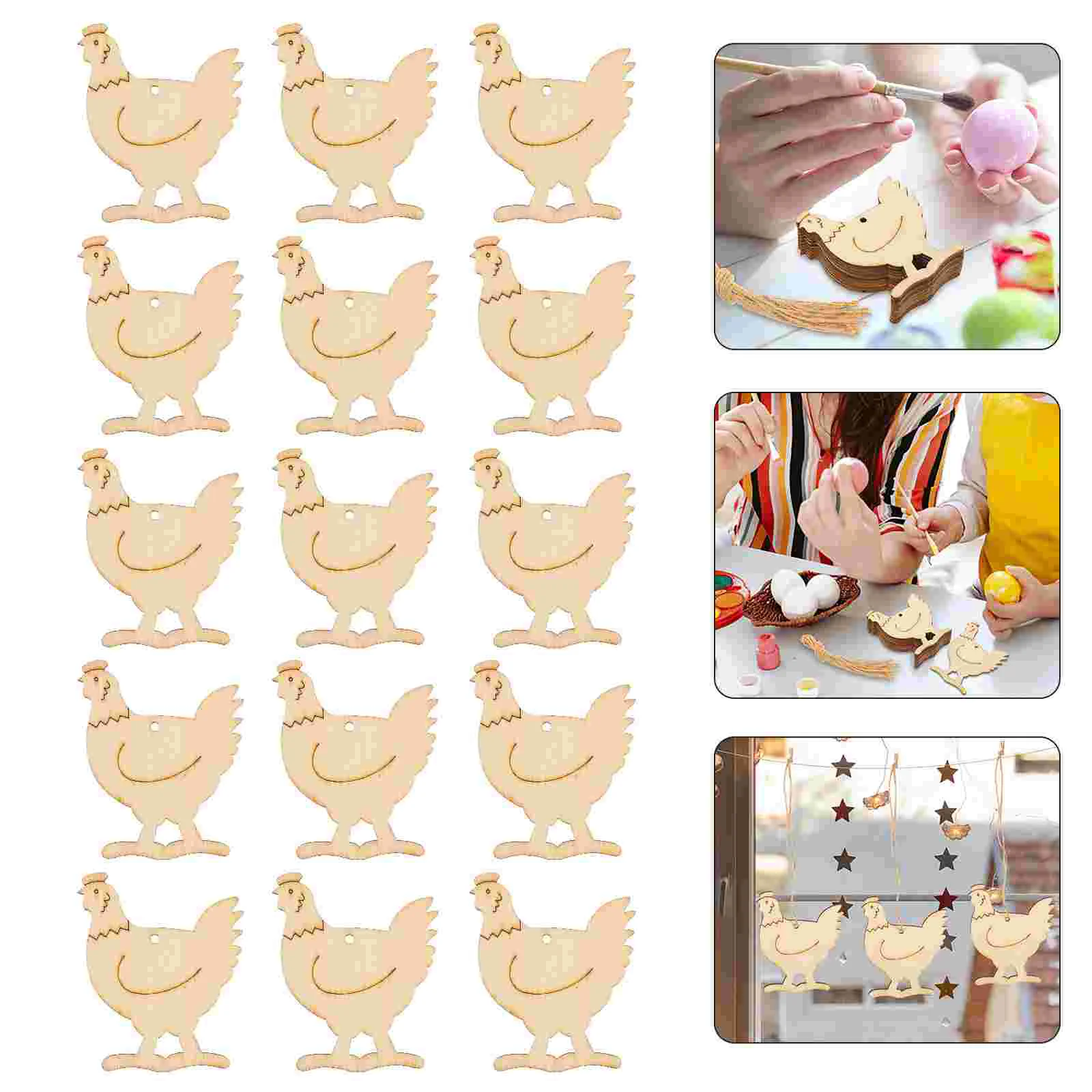 20 PCS Wooden DIY Crafts Rooster Shape Pendants Decorations Khaki Easter Ornaments