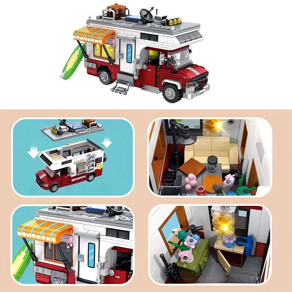 Moc Creative Camper RV Building Block Open Door Pickup Truck Canvas Cart LED Camping Equipment Brick Toy Christmas Birthday Gift