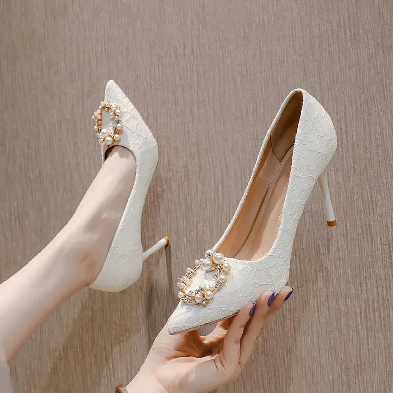 fashion sexy Women Pumps PU 6CM Thin high heels Pointed Toe Slip-On String Bead fashion Solid Party Wedding Shoes white