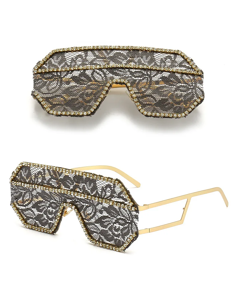Ein Stück Floral Spitze Sonnenbrille Frauen Punk Großen Rahmen Diamant Sonnenbrille Weibliche Flache Top Strass Outdoor Fashion Brillen – Detail 14