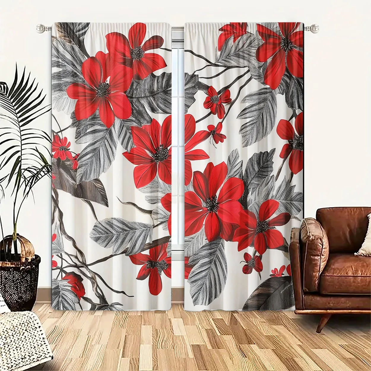 2pcs Red Floral Botanical Leaf Print Curtain Panel for Living Room Window Drapes Tropical Style Bedroom Home Decor Curtain