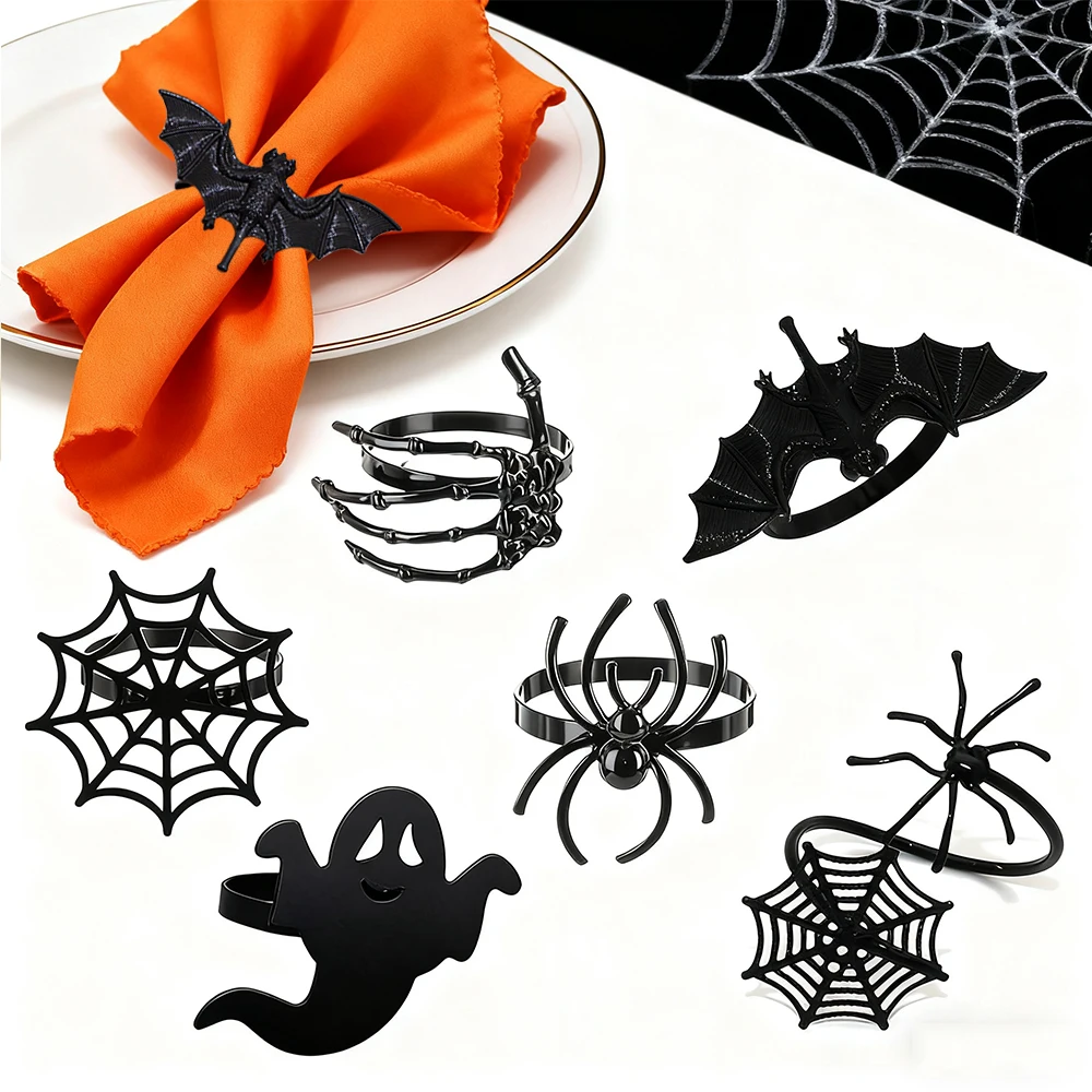 6Pcs Halloween Napkin Rings Metal Black Ghost Claw Spider Napkin Buckles for Spooky Horror - themed Dinners Table Decoration