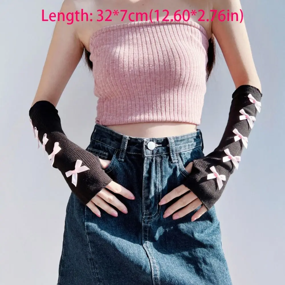 ファッション弾性 Y2K 暖かい袖バレエスタイルちょう結びリボンニット手袋甘い韓国スタイル指なしアームウォーマーロリータ
