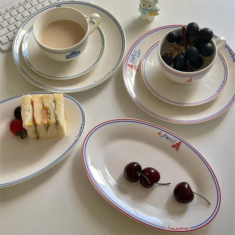 

French Vintage Red Black Line Letters Ceramic Tableware Breakfast Dessert Plate Fish Plate