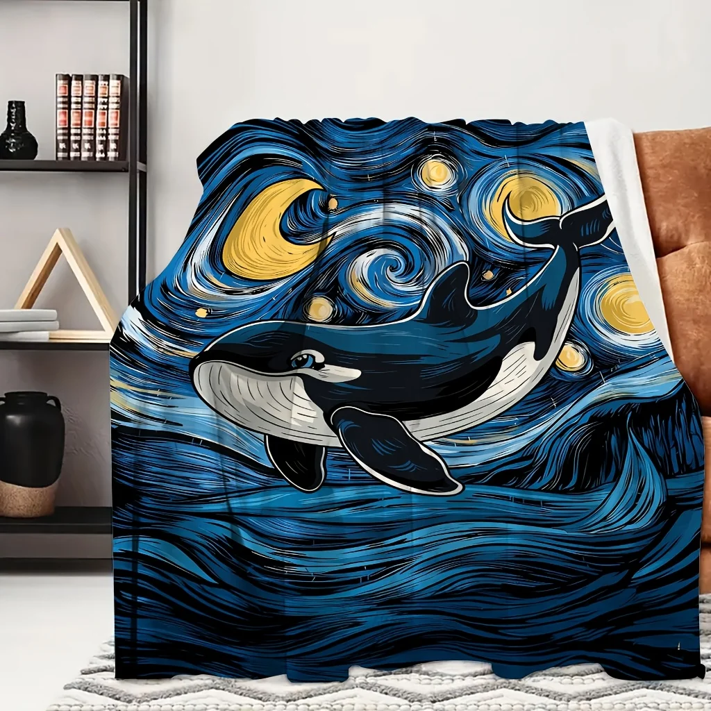 1pc Moon Whale Deep Ocean Print Flannel Blanket, Portable And Practical, Suitable for Blankets, Bed Covers, Dormitory, Travel, A