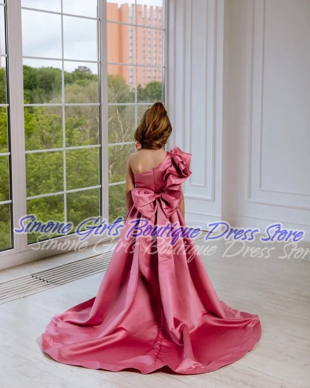 Robe à fleurs en Satin pour filles, épaules dénudées, dos nu, nœud asymétrique, pour cérémonies de mariage, spectacles de danse, réceptions formelles, fête