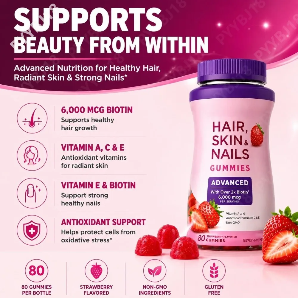 Beauty Gummies 6,000 mcg Biotin with Vitamins A, C, E Supports Hair Growth Radiant Skin Strong Nails & Antioxidant Support 80 Ct