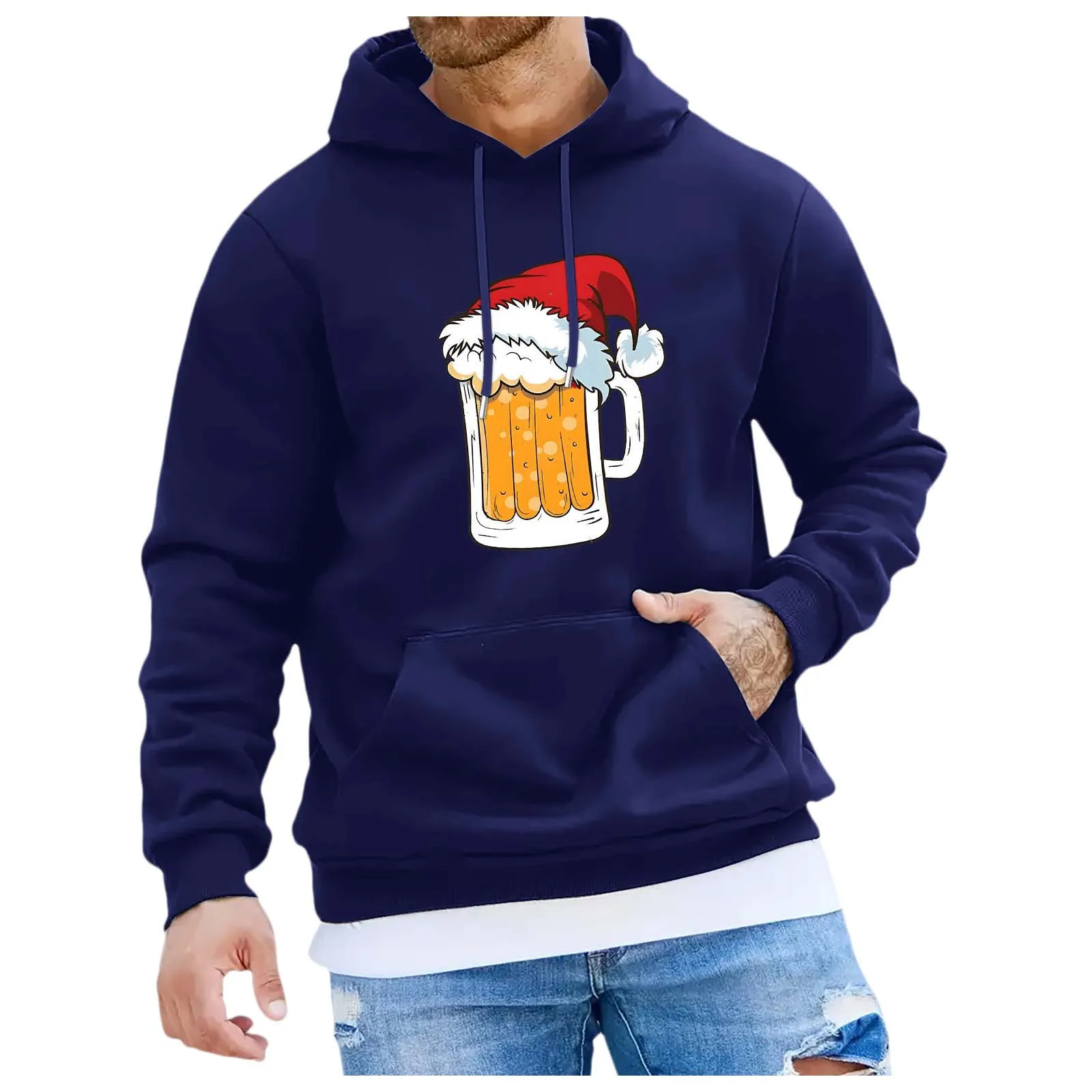 

Men's Winter Christmas Hoodie Sweatshirt Beer Mug Print Pocket Drawstring Hooded Sweatshirt Casual Hip Hop Outdoor Clothing
