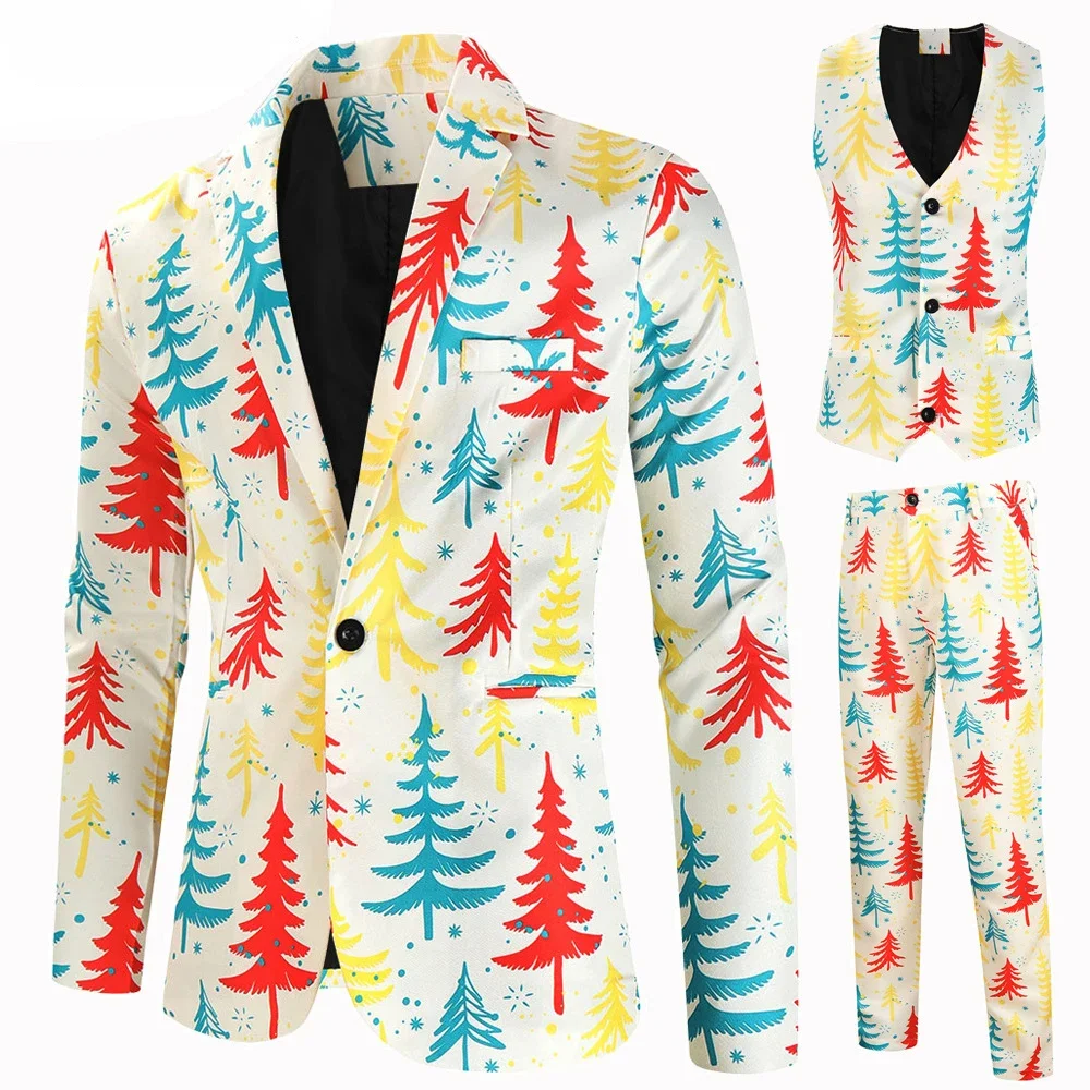 Christmas Suits for Men 3 Piece Uniform Daily Outfits Snowflake Snowman Tree Print Blazer Jacket Pants Vests Male Set for Xmas