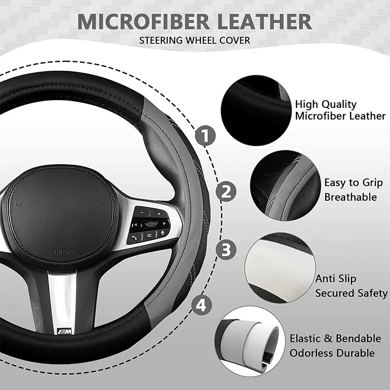 Car Steering Wheel Cover 14-15 Inch Universal Sport Leather All Purpose Upholstered Grip Breathable Truck SUV Jeep