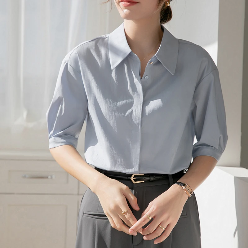 Women Summer Simplicity Slim Appear Thin Solid Color Square Collar Short Sleeve Shirts Women Clothes Casual All-match Trend Tops