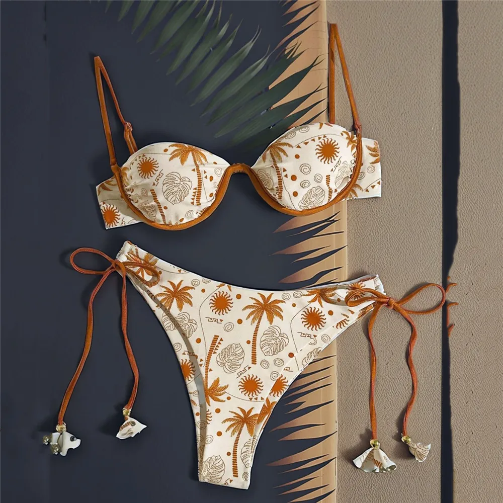 Sun Leaf Print String Shell Bikinis Sets De Mujer 2025 Push Up Sexy Swimsuit Women Summer Bathing Suit Brazilian Biquini Bikini