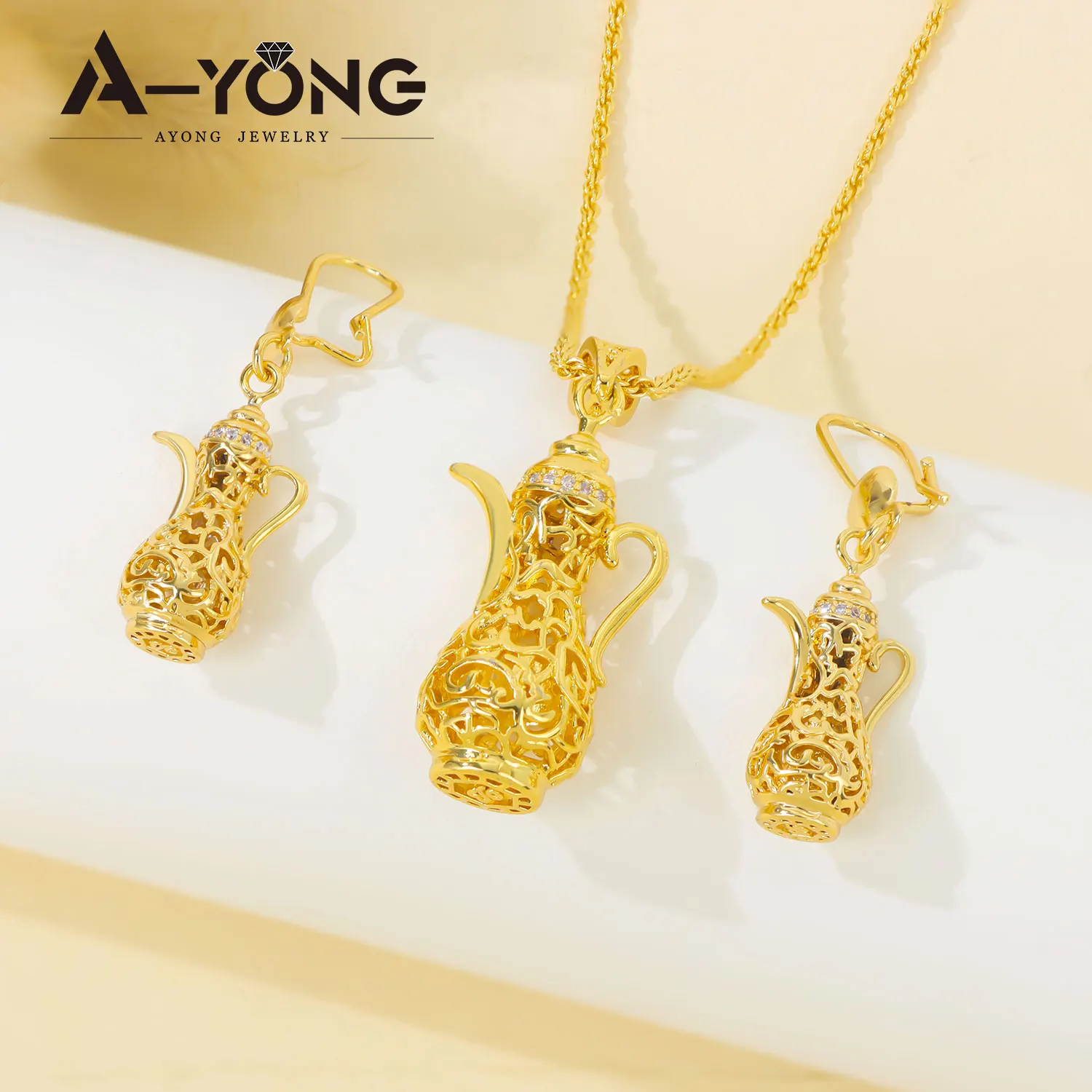 Arabisches Modeschmuck-Set 21k Vergoldet Äthiopische Exquisite Teekanne Halskette Ohrringe Dubai Damen Eid Event Party Schmuck – Detail 5