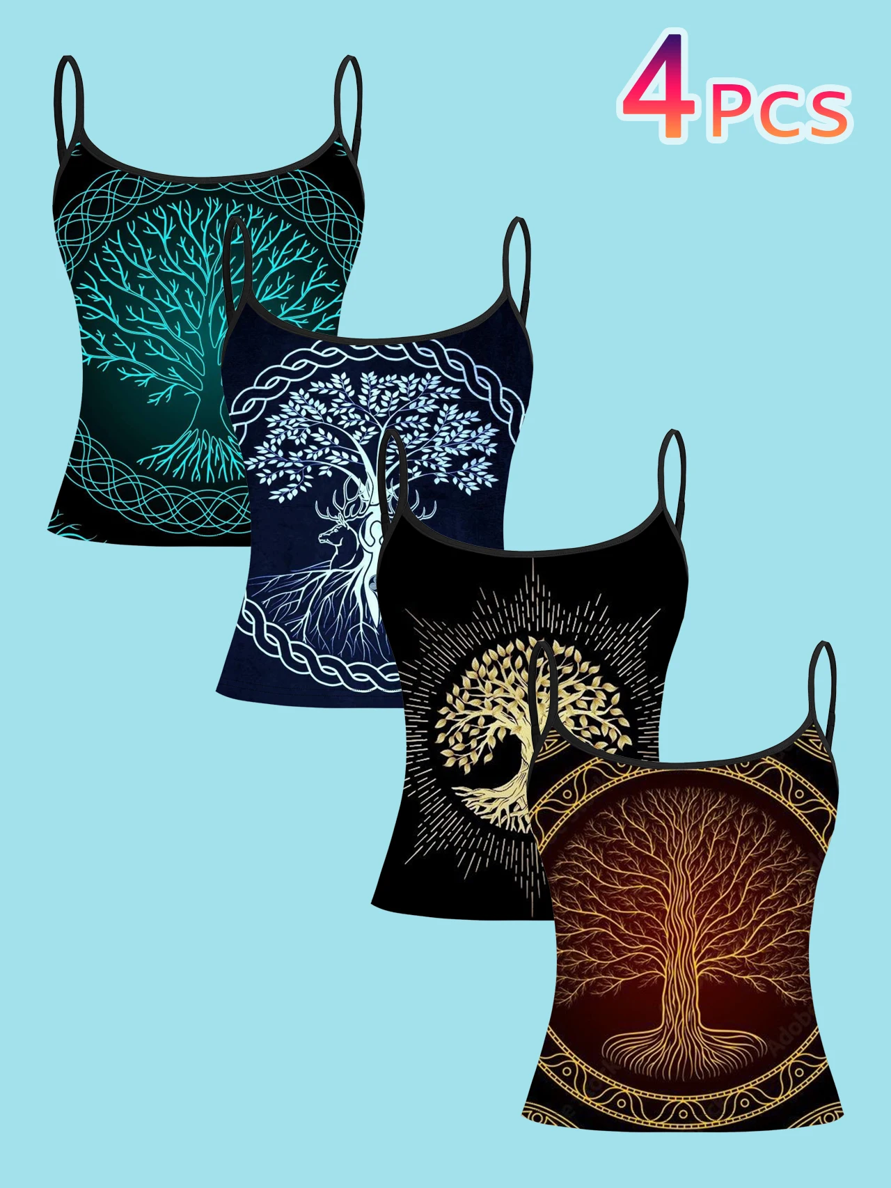 4-Piece Set of Tree of Life Printed Camisole Tops for Women, Nordic Celtic Mysterious Style Slim-Fit Spaghetti Strap Tops