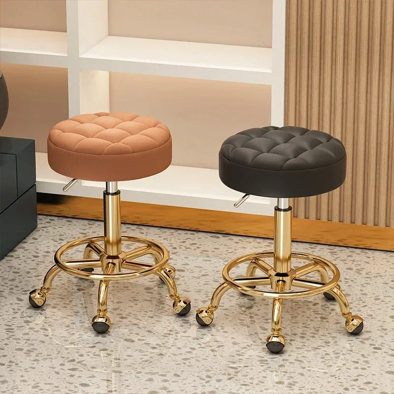 Sillas de peluquería cómodas, taburete de diseño dorado con ruedas minimalistas, taburetes redondos de elevación giratoria, muebles italianos