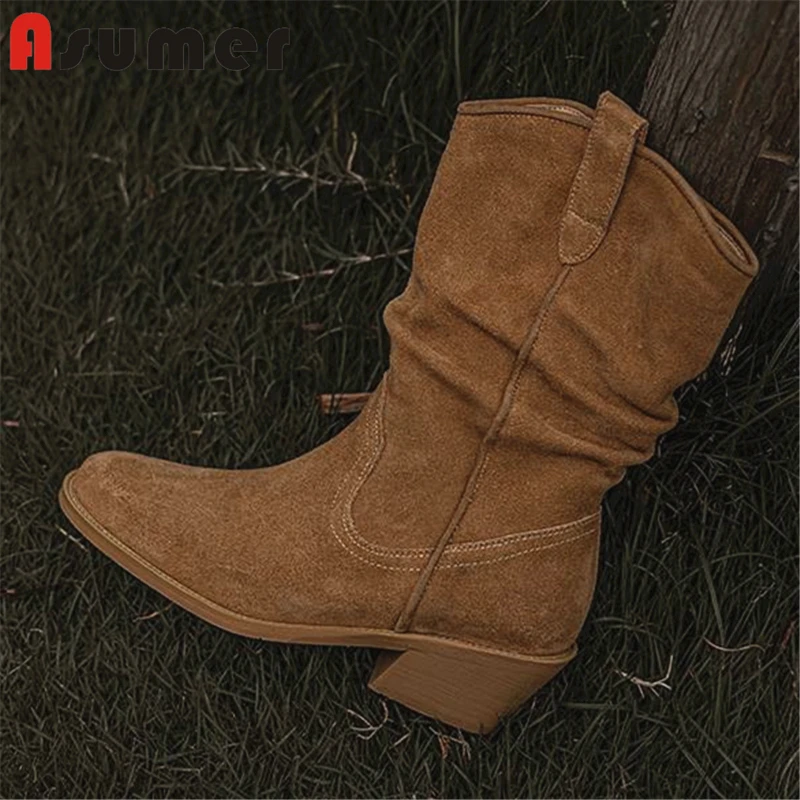 

Asumer Cow Suede Leather Mid Calf Boots Women Pleated Cowboy Western Boots Retro Handmade Autumn Winter Half Boots Ladies Shoes