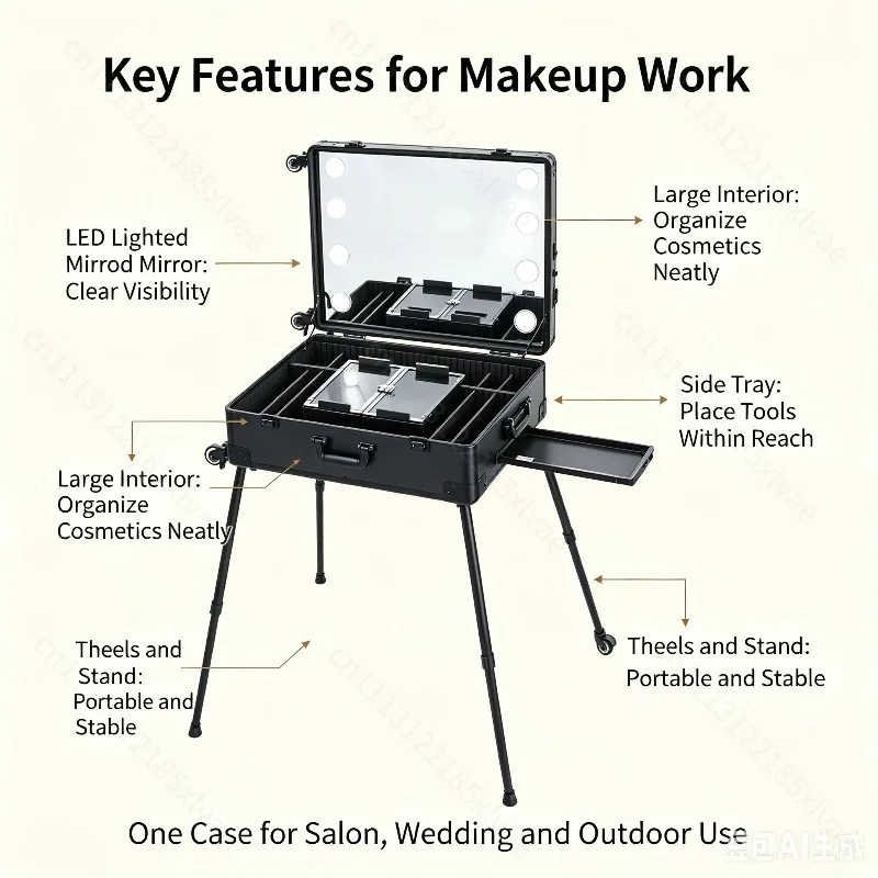 Professional Rolling Makeup Trolley Case With LED Light Mirror Portable Beauty Storage Suitcase For Makeup Artists Salon Use