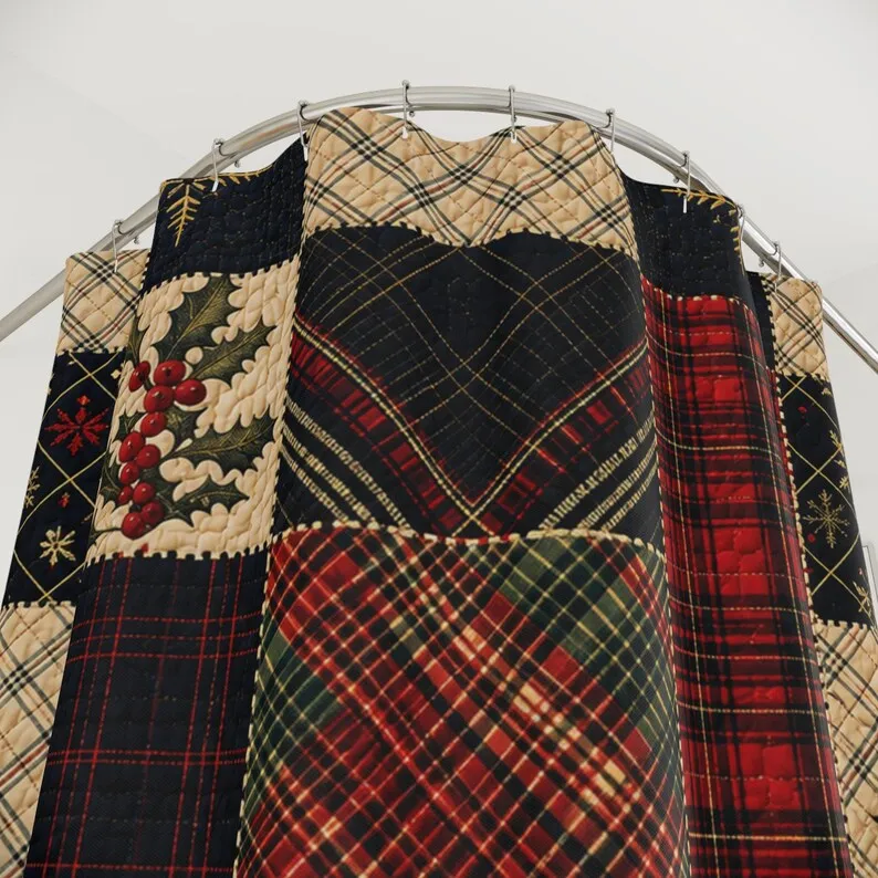 New in 2026 Patchwork Christmas Shower Curtain, Tartan Plaid Holiday Bathroom Decor, Quilt Inspired Bath Curtain
