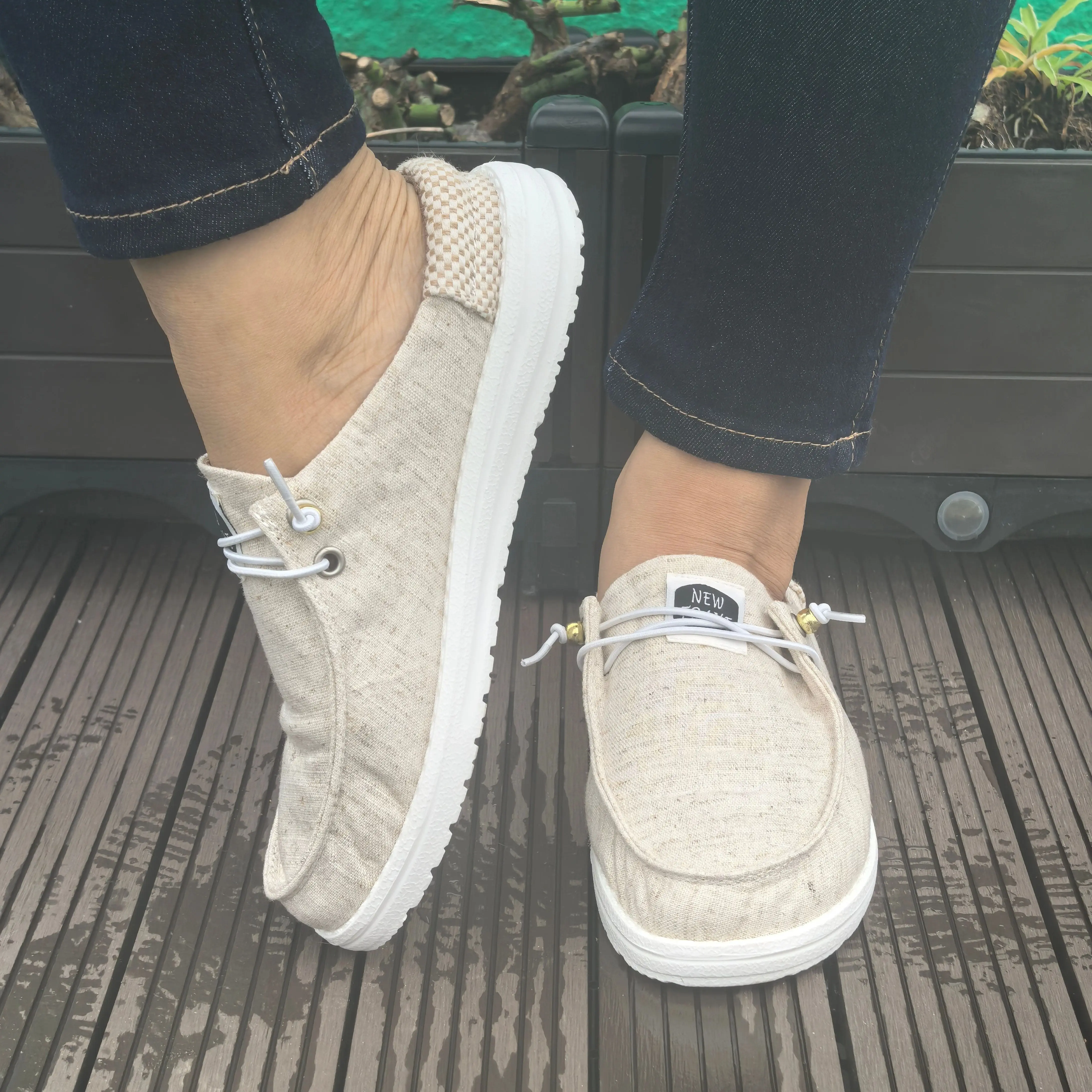 Women Beige Linen Canvas Sneakers Elastic Drawstring Flat Casual Shoes Ladies Lightweight Soft Sole Slip‑on Lazy Daily Walking Fashion Low‑top Female Footwear