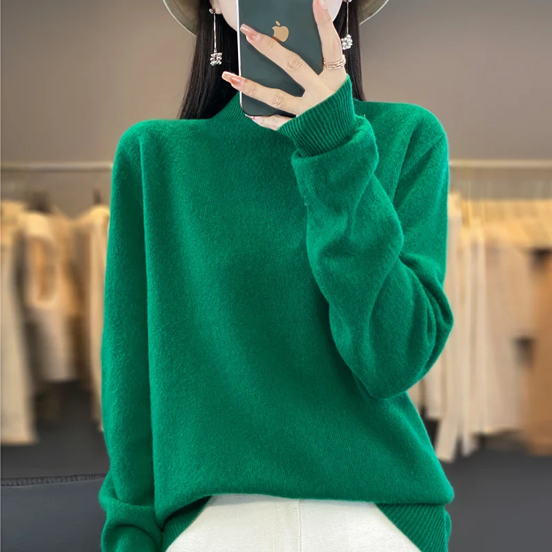 Autumn Wool Cashmere Sweater Women Winter New Half High Neck Solid Color Long Sleeve Basic Knitted Casual Warm Pullover Jumper