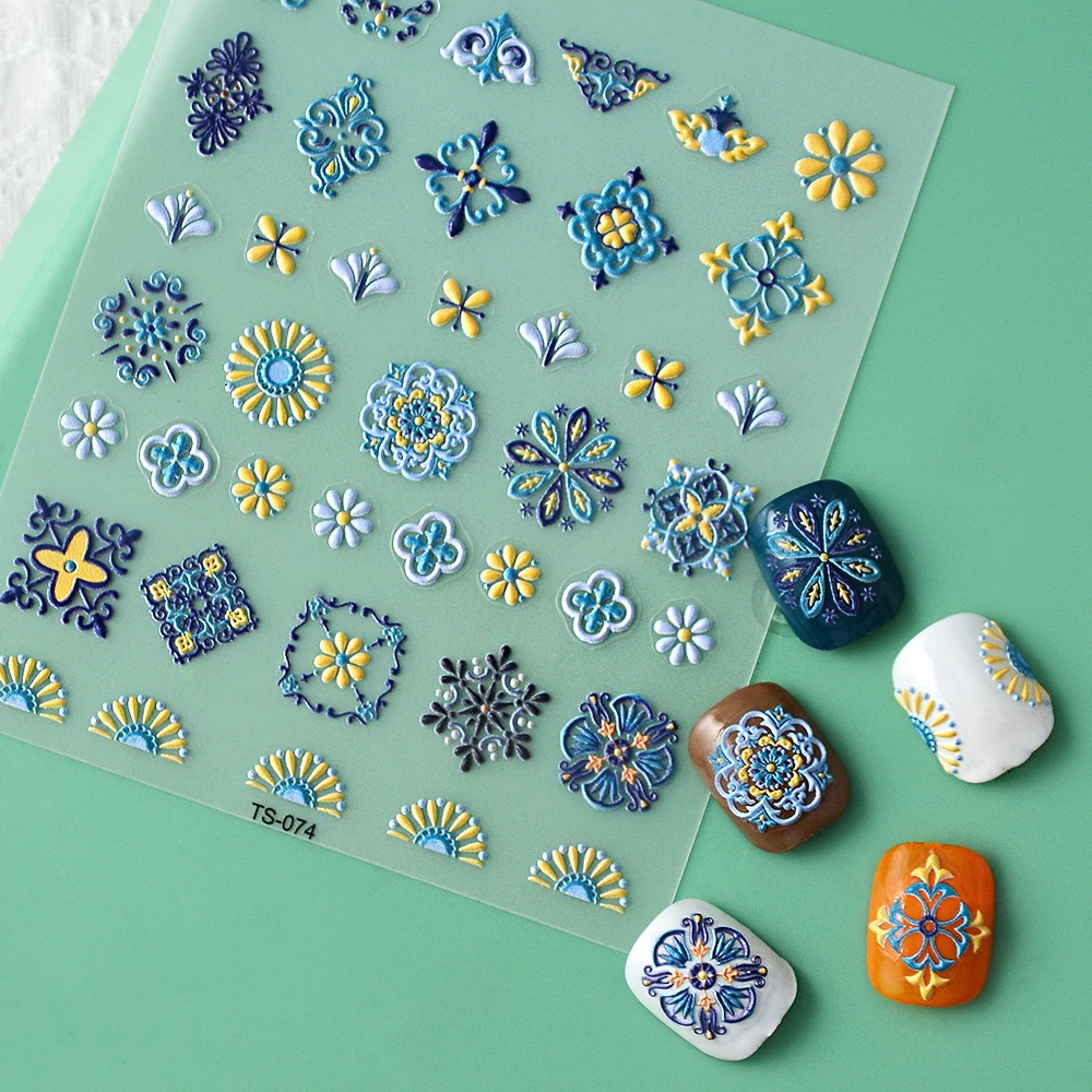 1PCS Bohemian Style 5D Nail Stickers Press on Nails Embossed Symphony Butterfly Flower Stickers Nail Decoration Decals