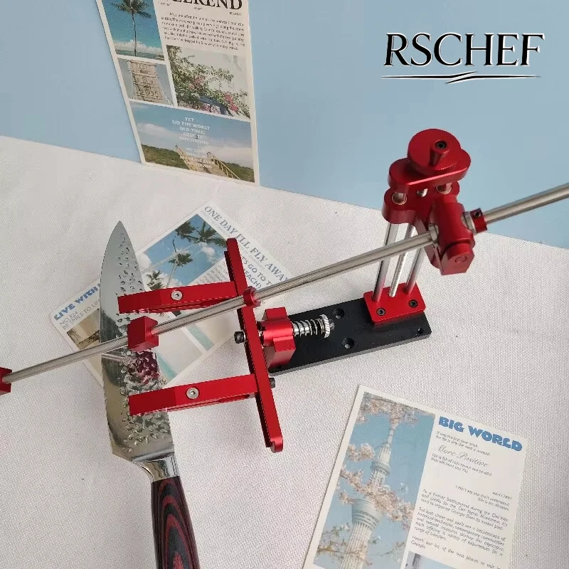 2025 Nouvel affûteur d'angle fixe rouge avec échelle réglable en hauteur 360 °   Système d'affûtage de couteaux de cuisine professionnel, outil rotatif